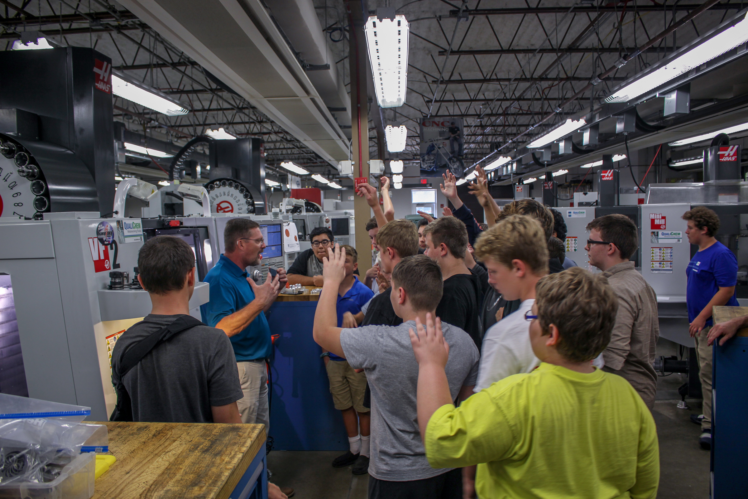 Industrial Programs Department Head Steve Maness speaks area eighth-grade students in the Gene Haas Computer-Integrated Machining Institute on the Asheboro Campus on Friday, Sept. 27. The students toured local industries before participating in hands-on activities in RCC’s machining, mechatronics, and welding labs as part of Manufacturing Day.