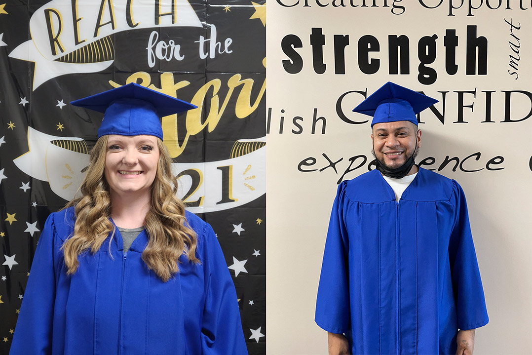 Kayla Frost (left) and Nahum Segovia Rosales, both High School Equivalency graduates, spoke during Randolph Community College's virtual College and Career Readiness graduation, held Dec. 16.