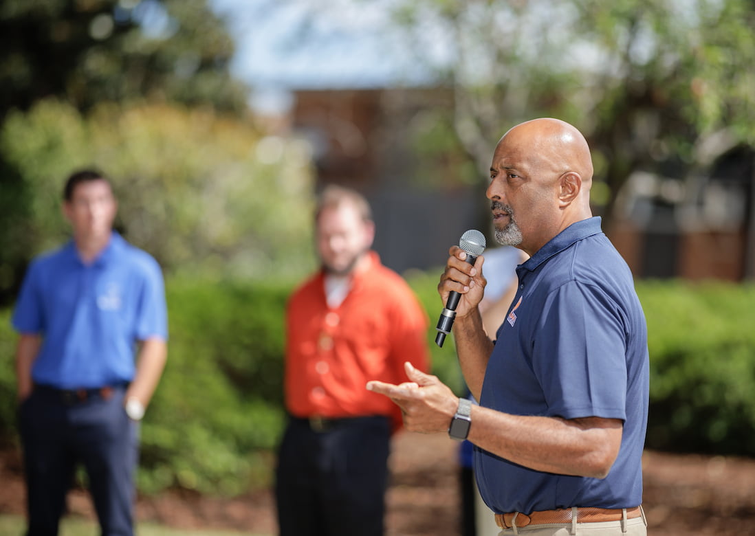 Randolph Community College Acting President Elbert Lassiter speaks Sept. 9 during RCC's 60th Anniversary celebration in Azalea Park that capped off Founders' Week.