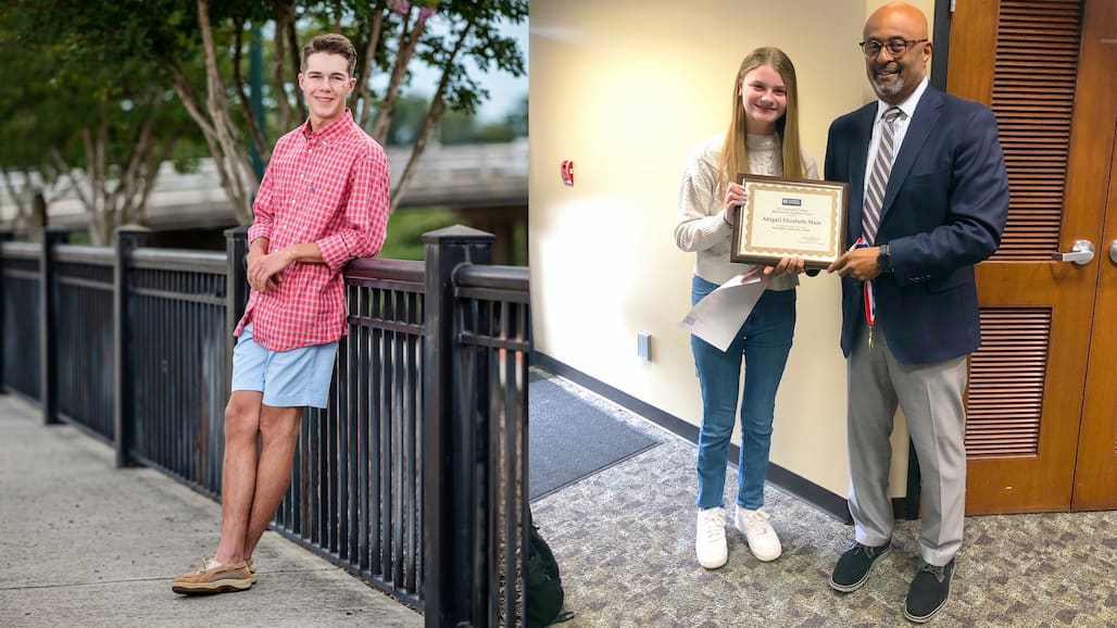 Images of a student leaning on a fence and a student standing with RCC Interim President.