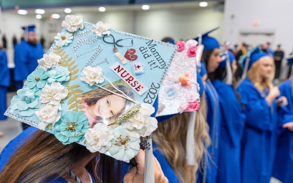 Picture of a nursing graduate's decorated mortarboard.