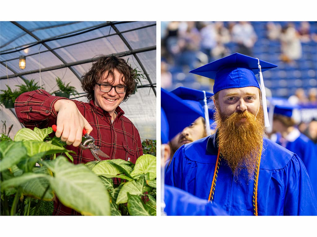 Side-by-side photos of two students. The one on the left is in a greenhouse and the one on the right is in his cap and gown at Randolph Community College's 2025 Commencement Ceremony.