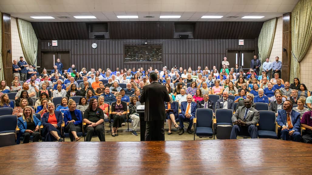 Randolph Community College faculty and staff gather for the start of the fall semester in the R. Alton Cox Learning Resources Center Auditorium.